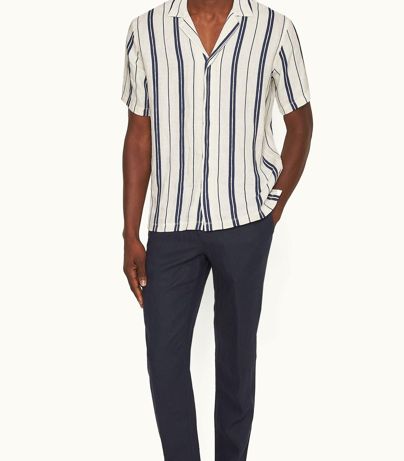 Maitan Stripe Relaxed Fit Capri Collar Linen-Cotton Shirt | Azul Blue/Cashew