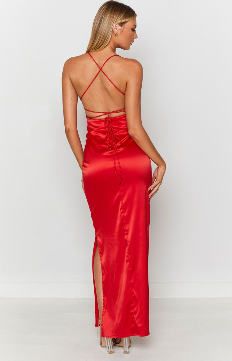 Cherry red satin maxi dress with criss-cross back straps, tie detail, and a high side slit