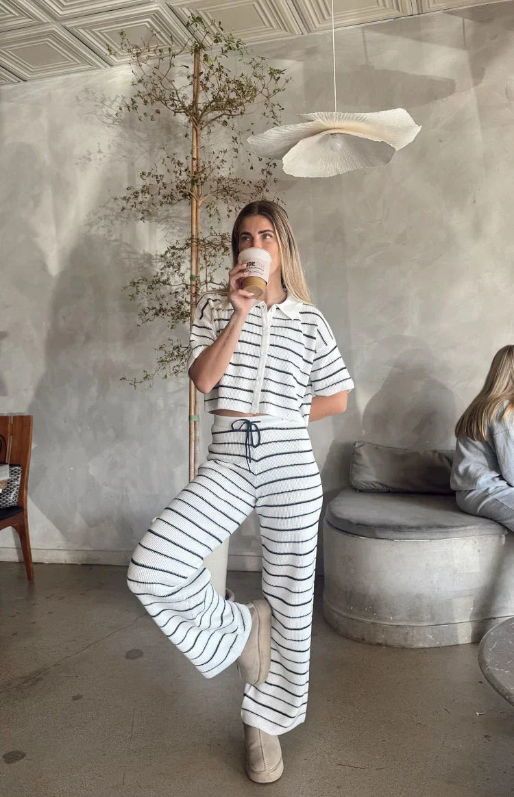 Maple Cropped Knit Sweater | White Navy Stripe