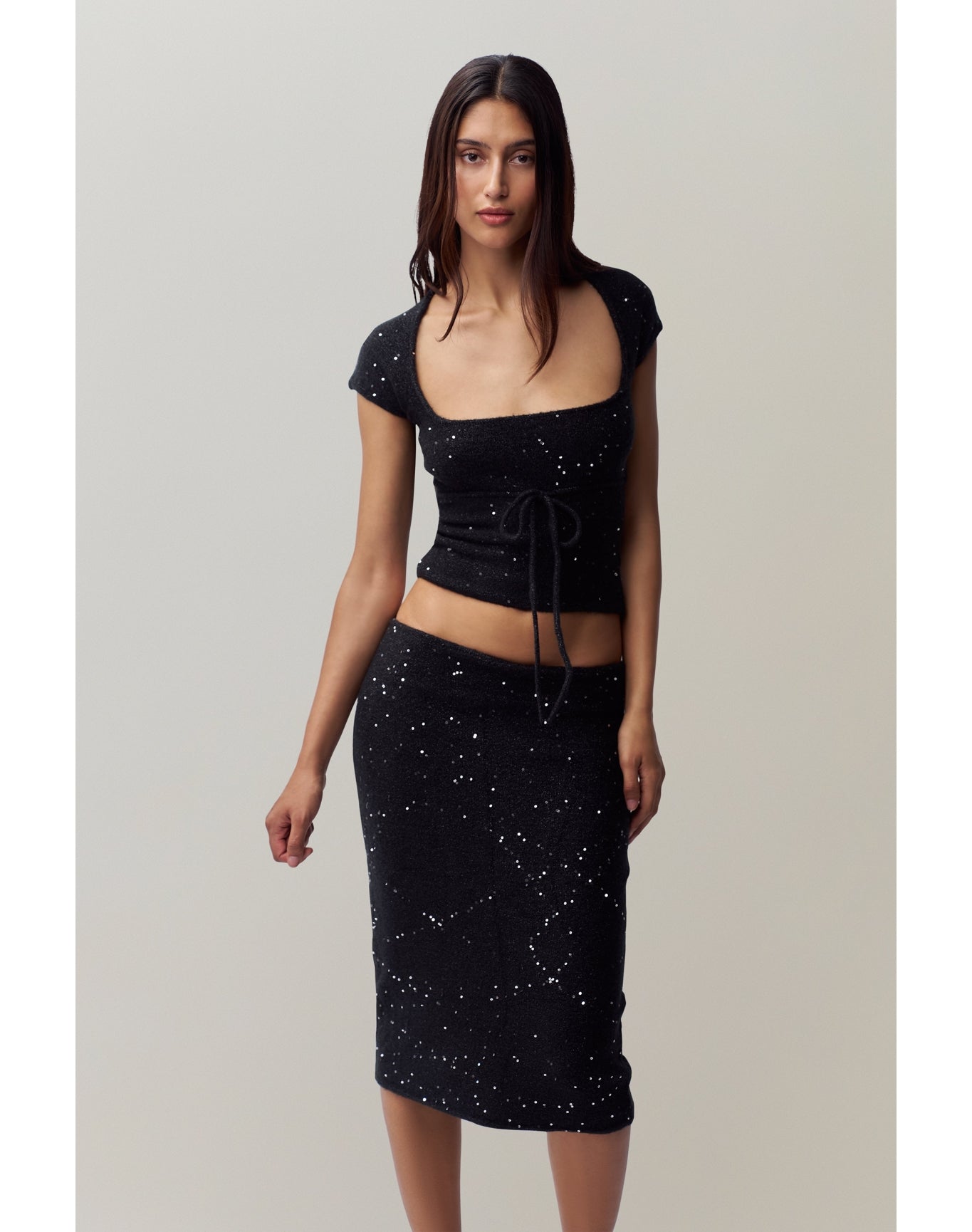 Miki Sequin Knit Midi Skirt | Black