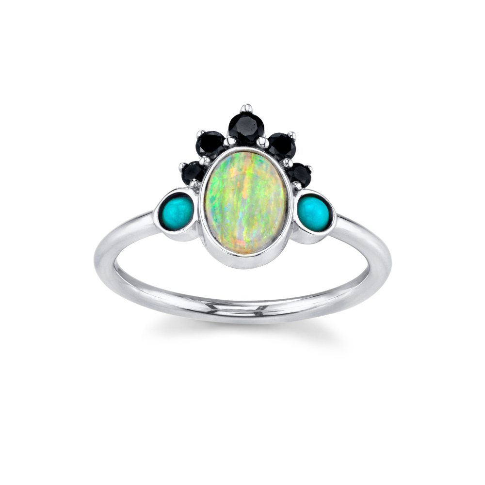 Women | Black Diamond Headdress Opal Gypset Ring | 14k White Gold