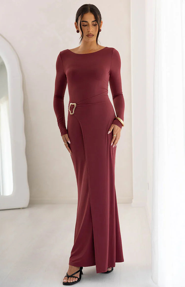 Misaki Long Sleeve Wrap Maxi Dress | Burgundy