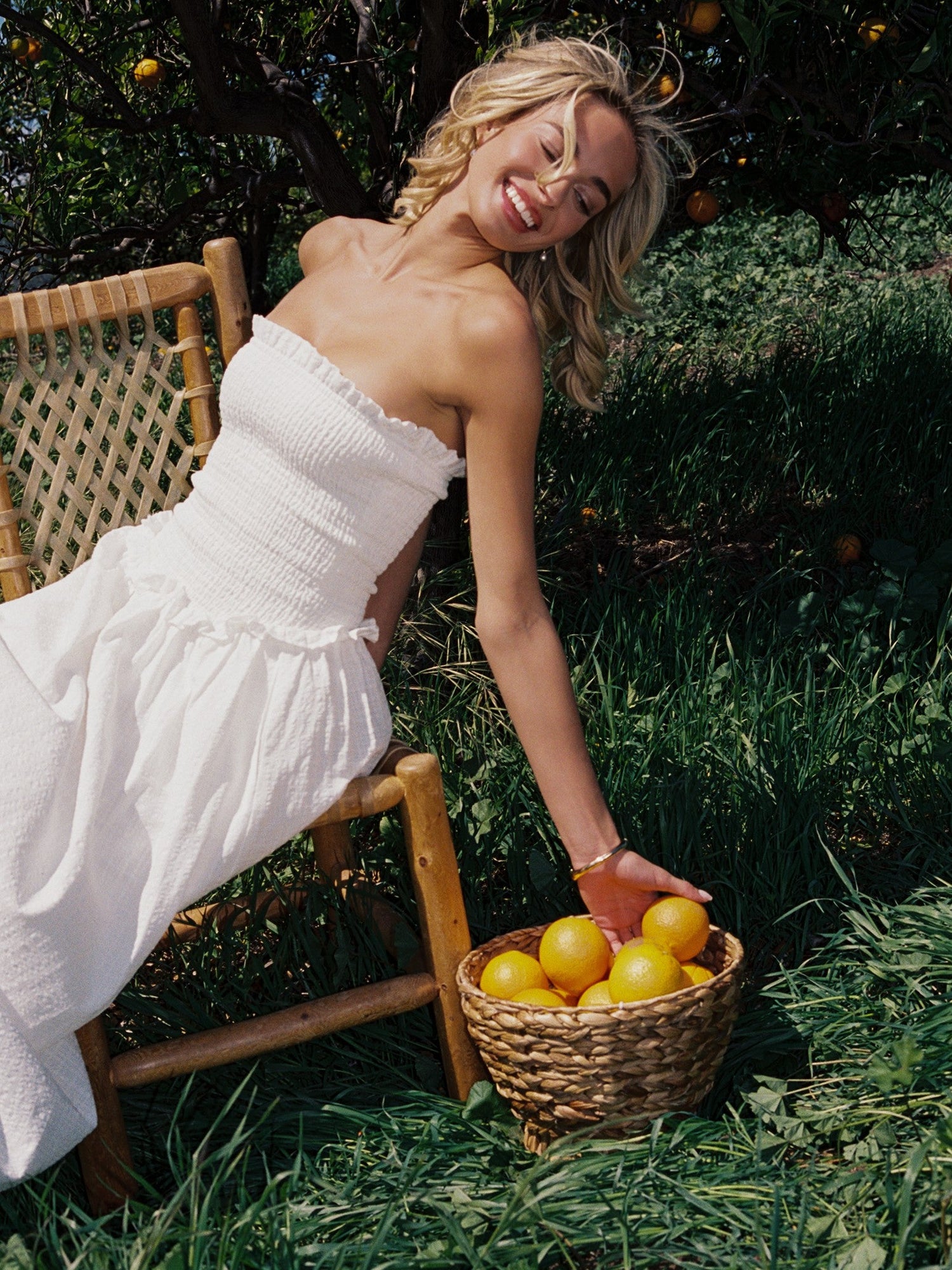 Quadiya Cotton Seersucker Smocked Strapless Midi Dress | White