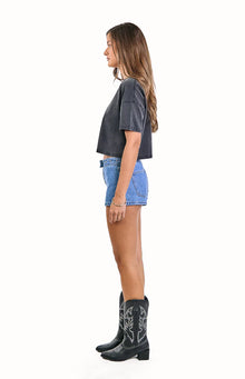 Mollie Denim Low Rise Stud Denim Shorts | Mid Wash