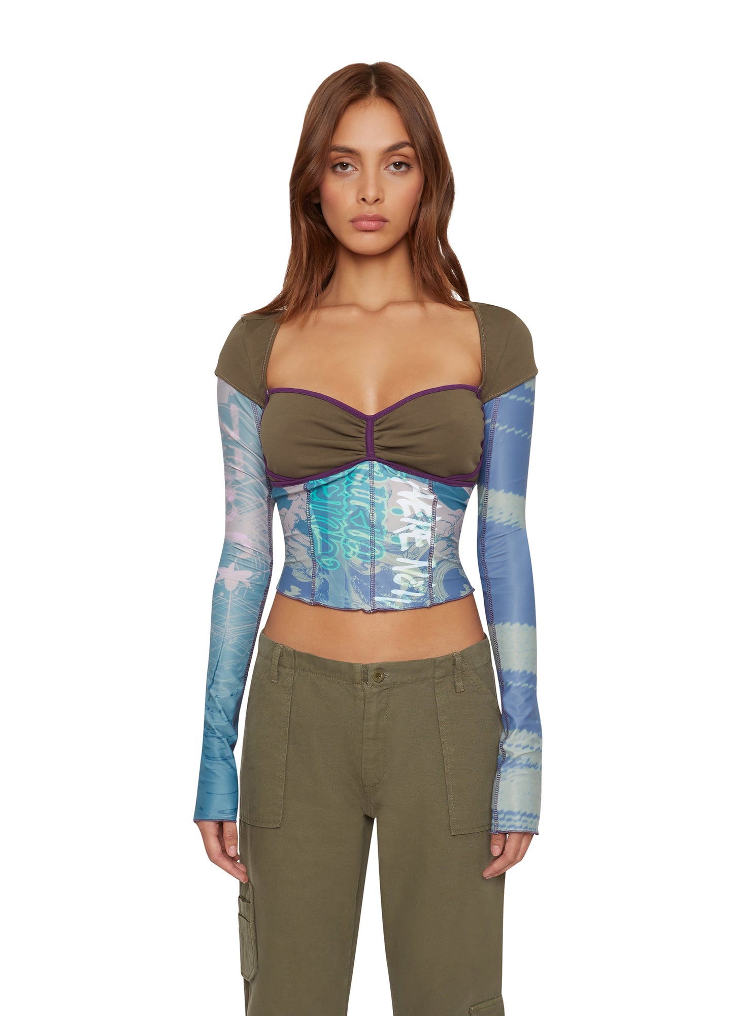 Womens | Multi Layered Bustier Print Long Sleeve Top | Olive