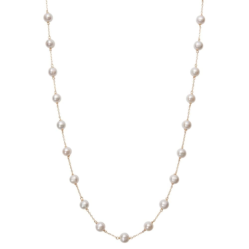 Womens | 6-7mm Round White Freshwater Pearl | Strand Necklace | 14K Yellow Gold