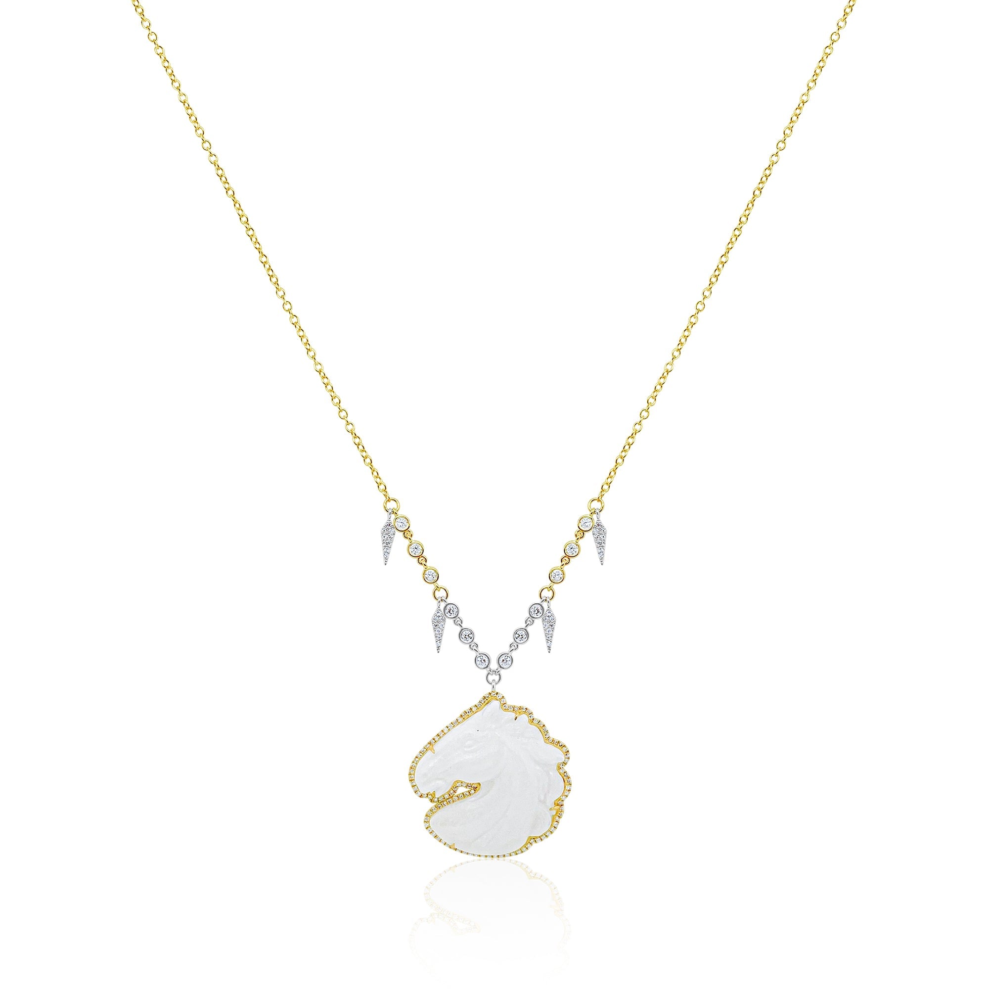 Yellow Gold Snow Quartz Horse Necklace | Yellow Gold