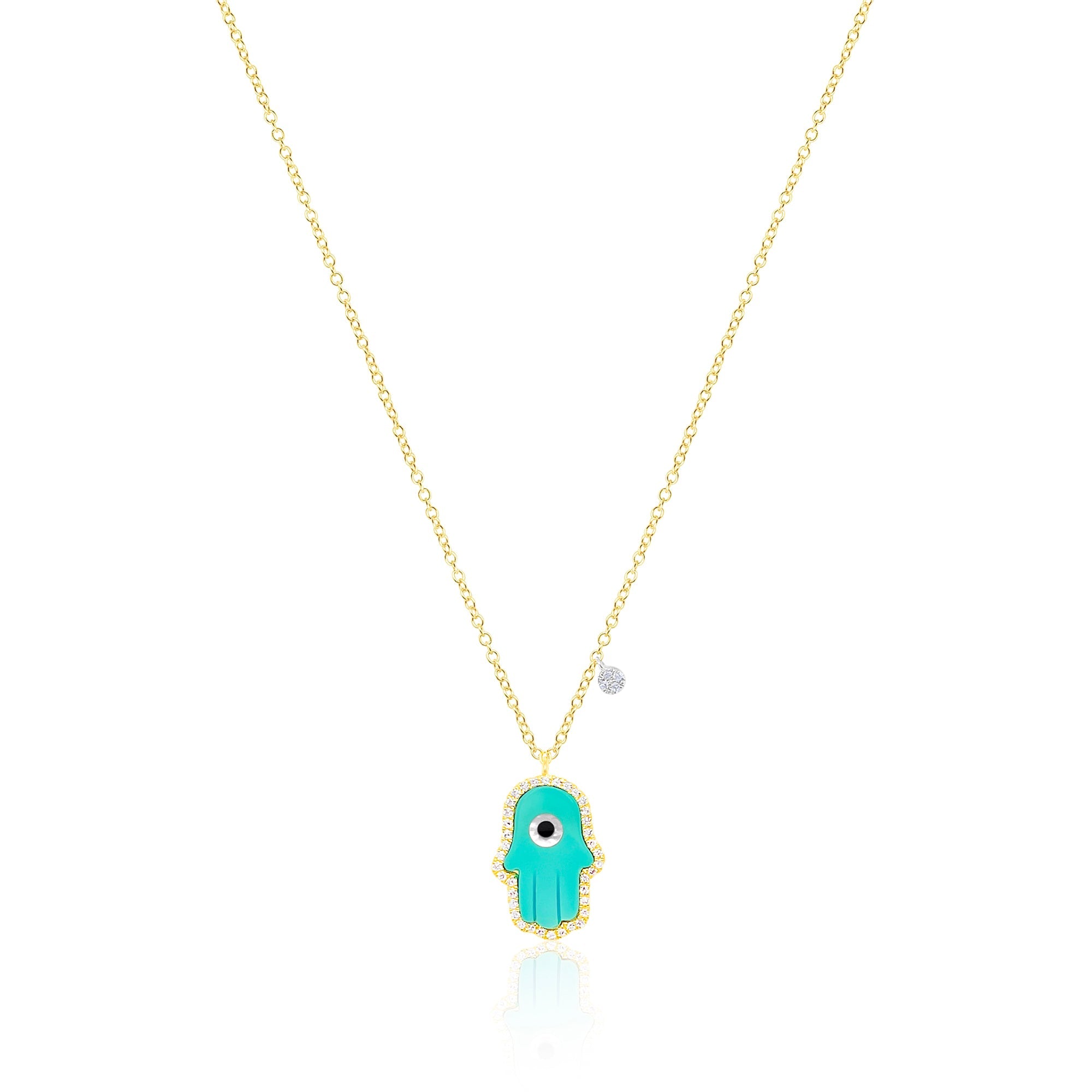Yellow Gold Turquoise Stone Hamsa And Evil Eye Diamond Necklace | Yellow Gold