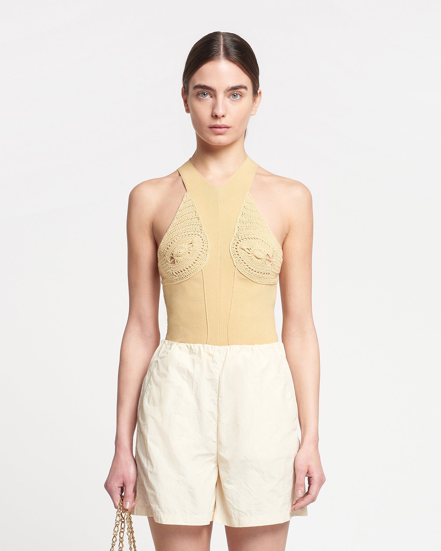 Womens | Carmine Crocheted Ribbed-Knit Top | Sun Yellow