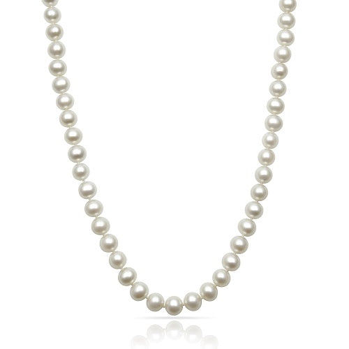 Womens | 8-9mm Round White Freshwater Pearl | Strand Necklace | 14K Yellow Gold
