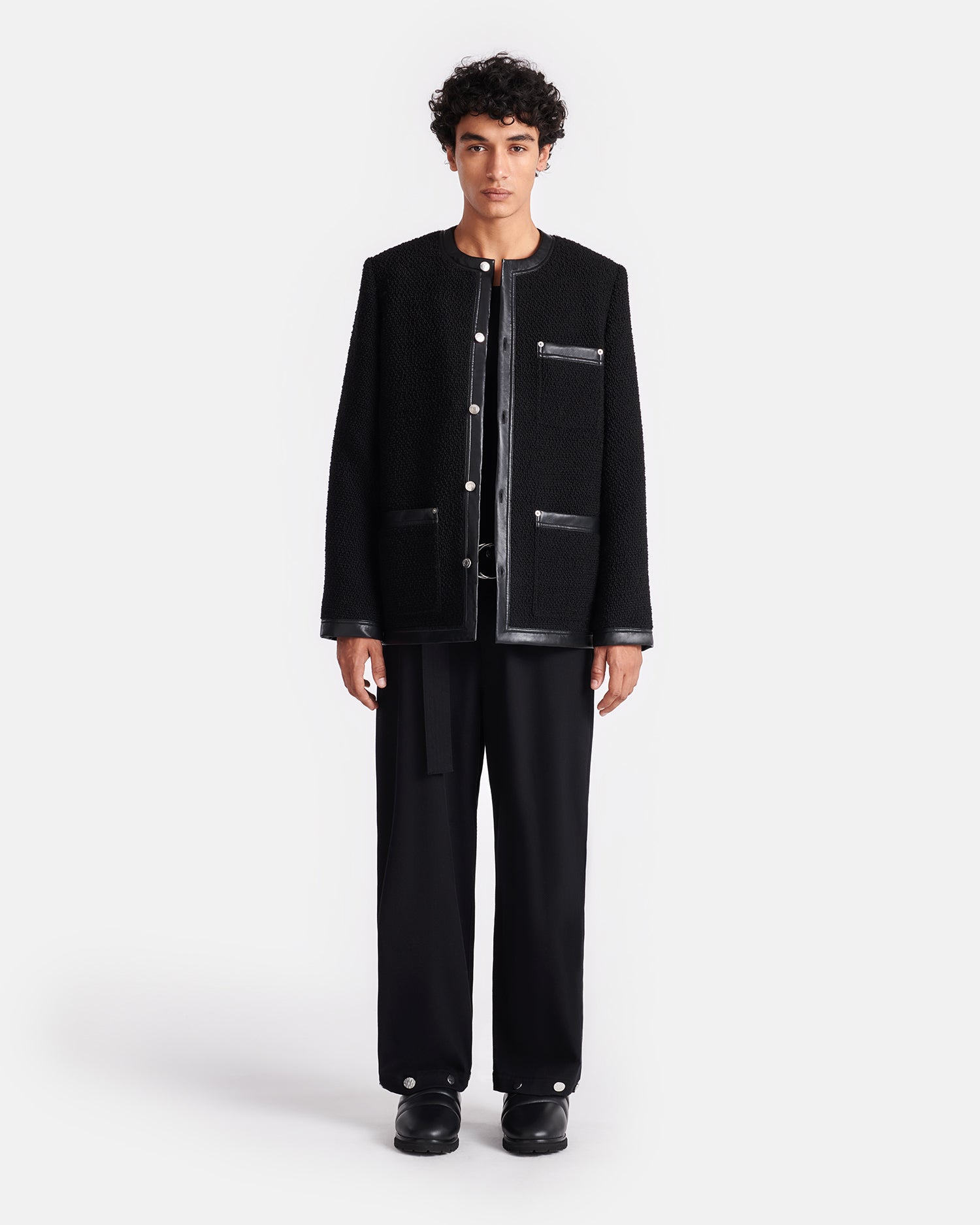 Earl Leather-Trimmed Boucle Tweed Jacket | Black