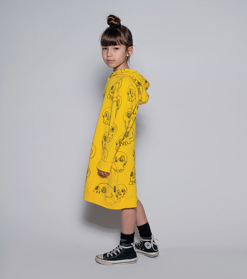 Kid | Hooded Scribbled Skulls A Dress | Yellow