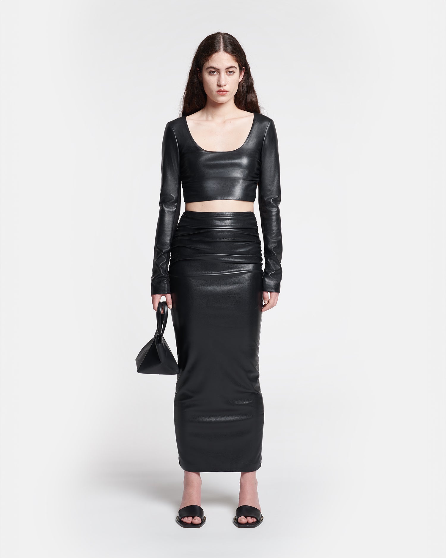 Womens | Hester Ruched Okobor Alt-Leather Midi Skirt | Black