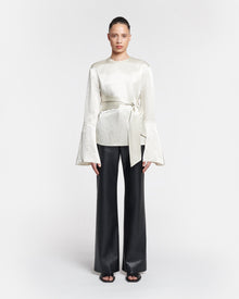 Ilone Belted Crinkled-Satin Top | Ecru