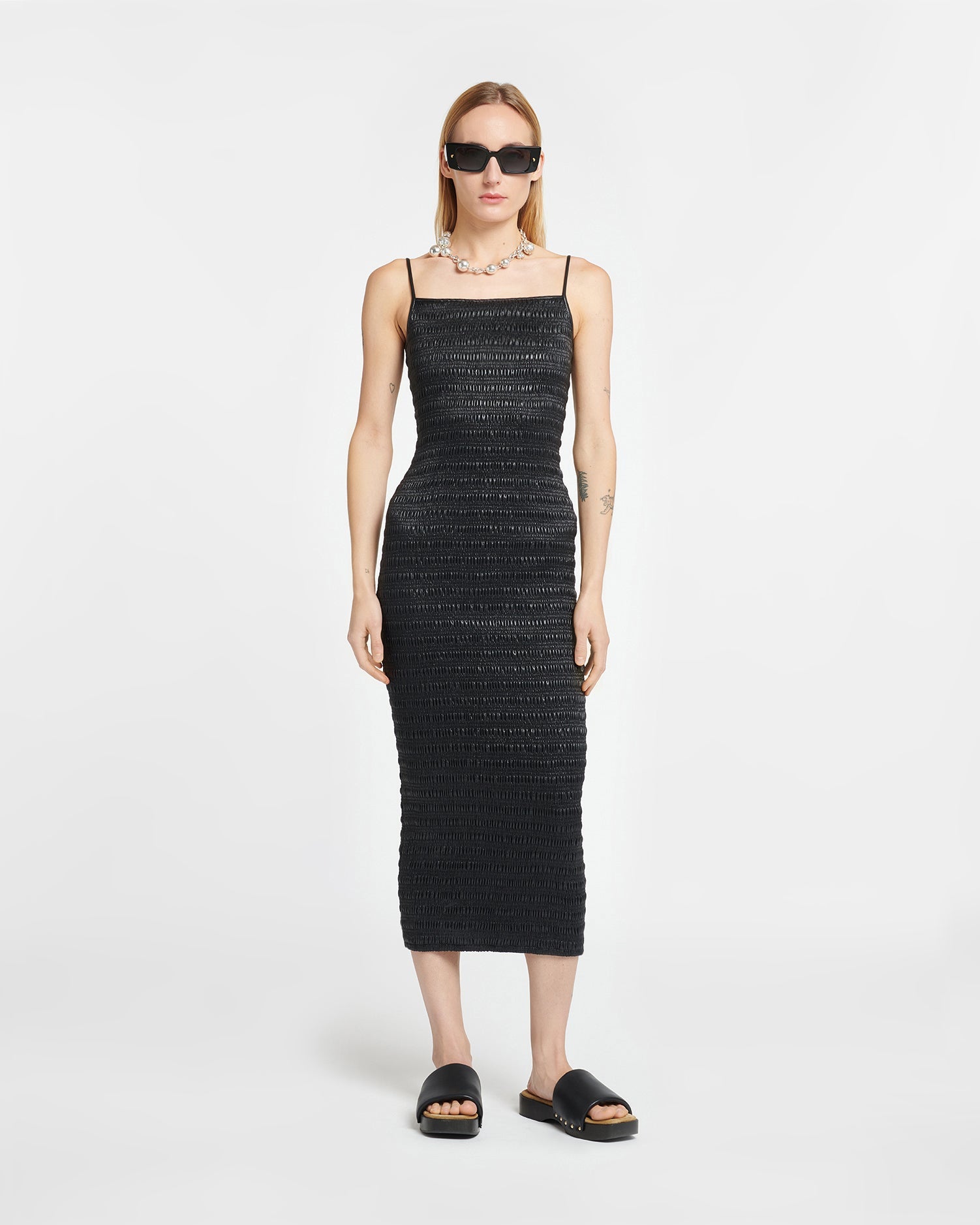 Womens | Barra Smocked Okobor Alt-Leather Midi Dress | Black