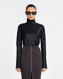 Eva Slip Satin Turtleneck Top | Black