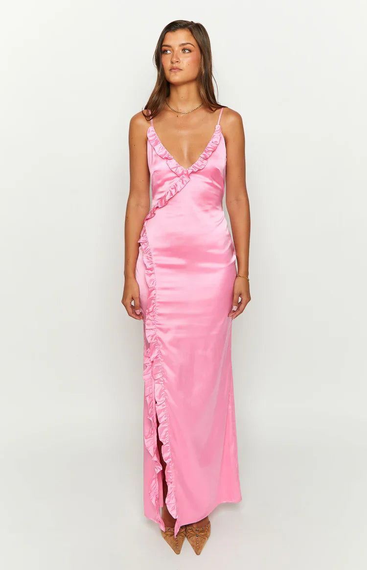 Nahanee Satin Ruffle Maxi Dress | Pink