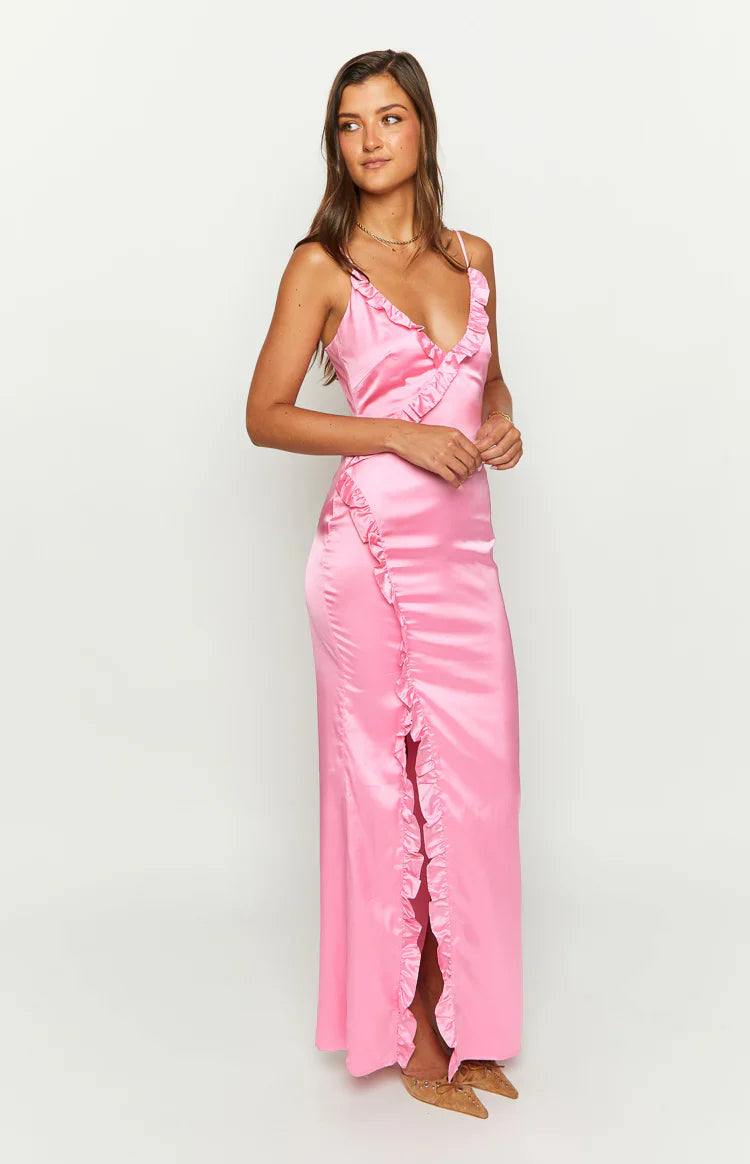Nahanee Satin Ruffle Maxi Dress | Pink