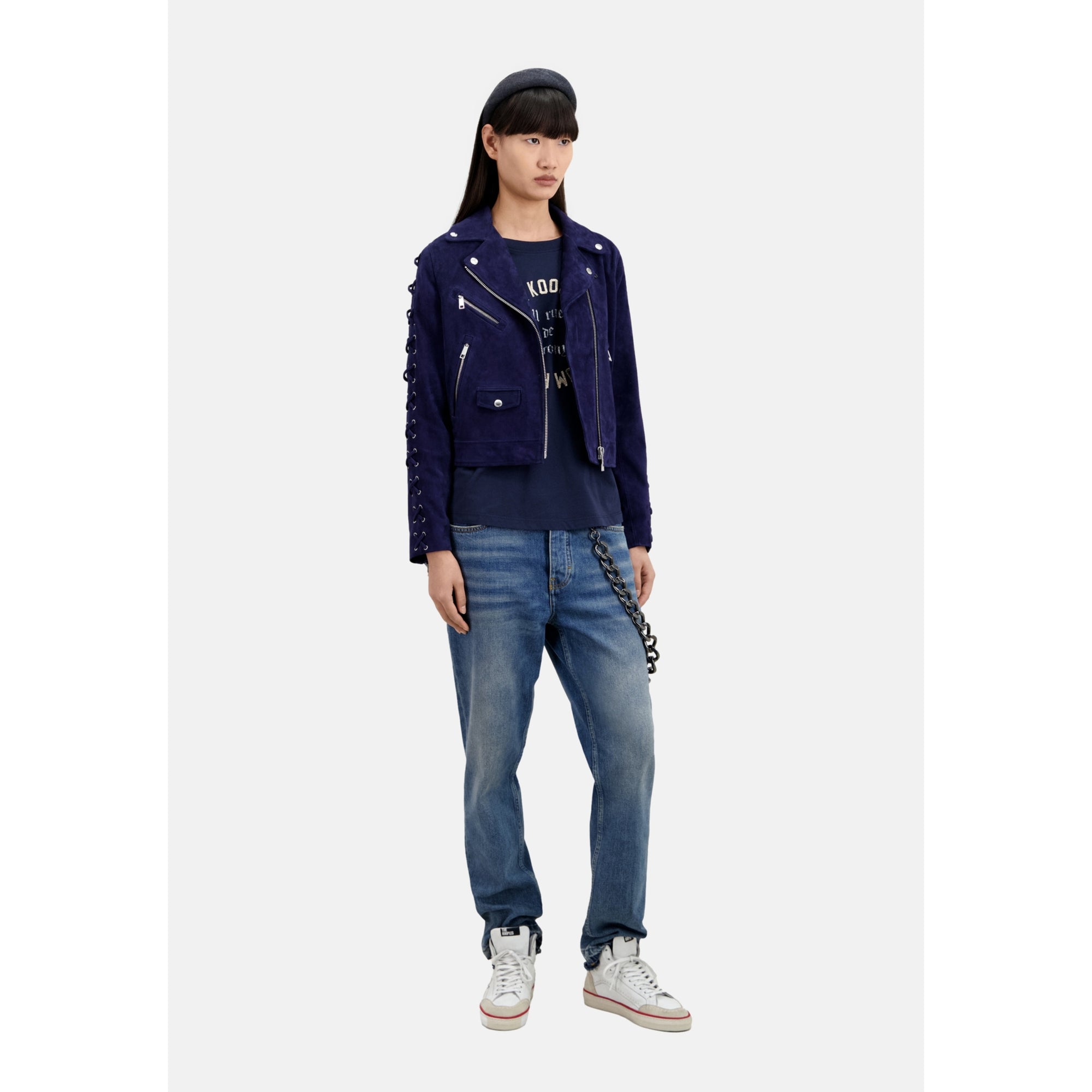 Navy Suede Leather Biker Jacket | Women | Dark Blue