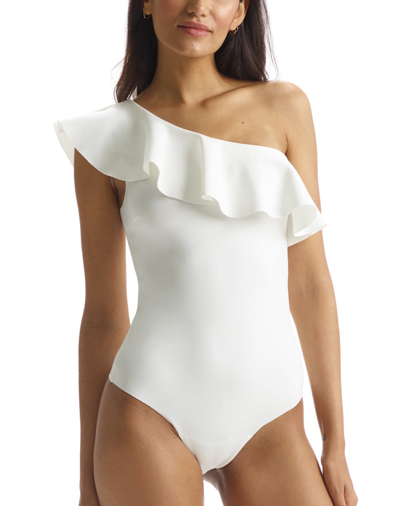 Neoprene One-Shoulder Ruffle Bodysuit | White