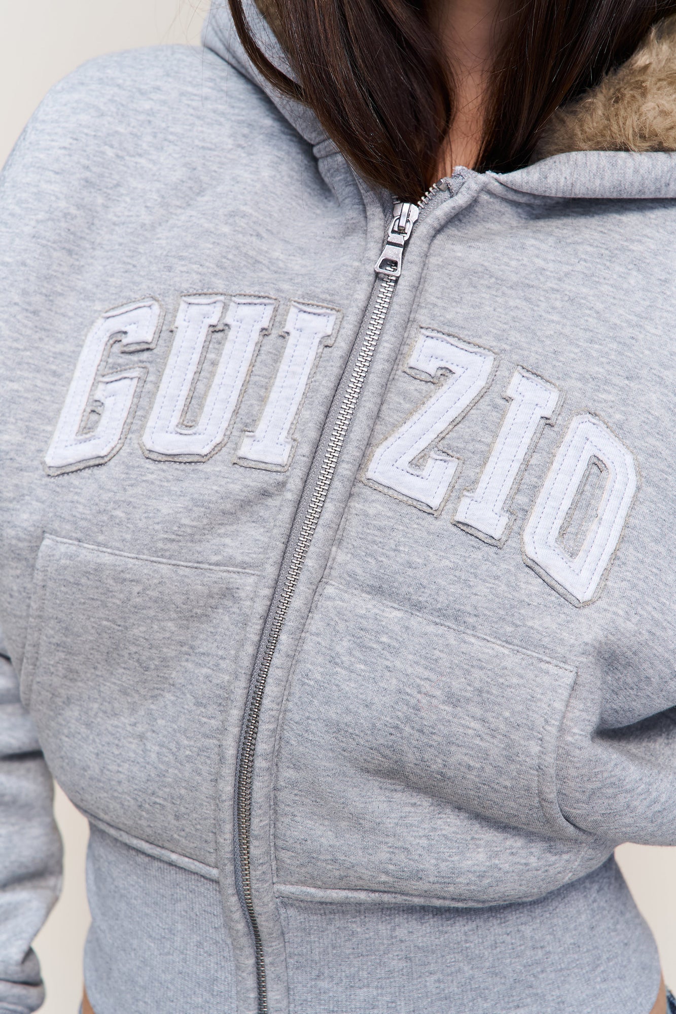 Womens | Guizio Zip Up Fitted Fur Hoodie | Heather Grey