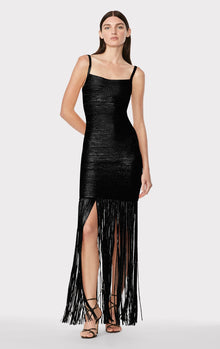 Banded Foil Fringe Gown | Black Foil