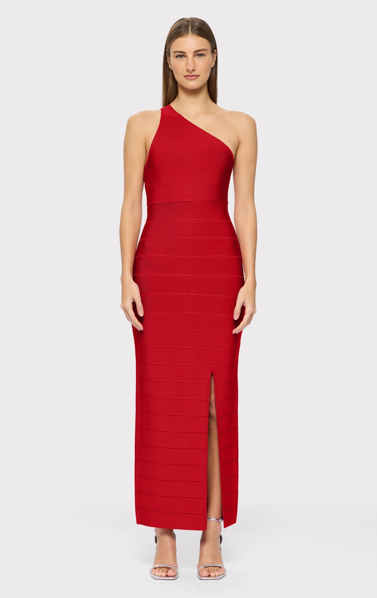 One Shoulder Bandage Gown W Slit | Lipstick Red