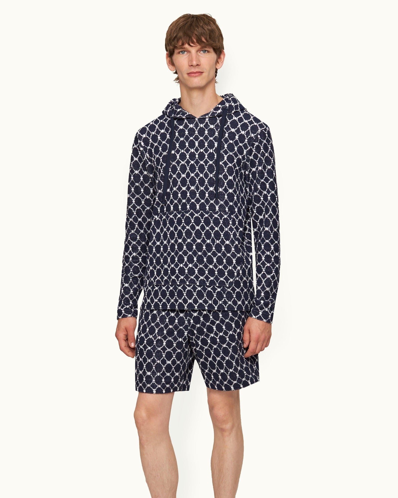 Blaine Towelling Midnight Navy Geometric Tile Hooded Towelling Sweatshirt | Midnight Navy