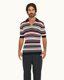 Matchstick/Night Iris Crochet Stripe Mercerised Organic Cotton Polo Shirt | Matchstick/Night Iris