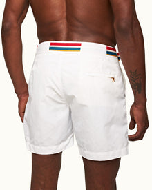 White O.B Stripe Belt Mid-Length Swim Shorts | White