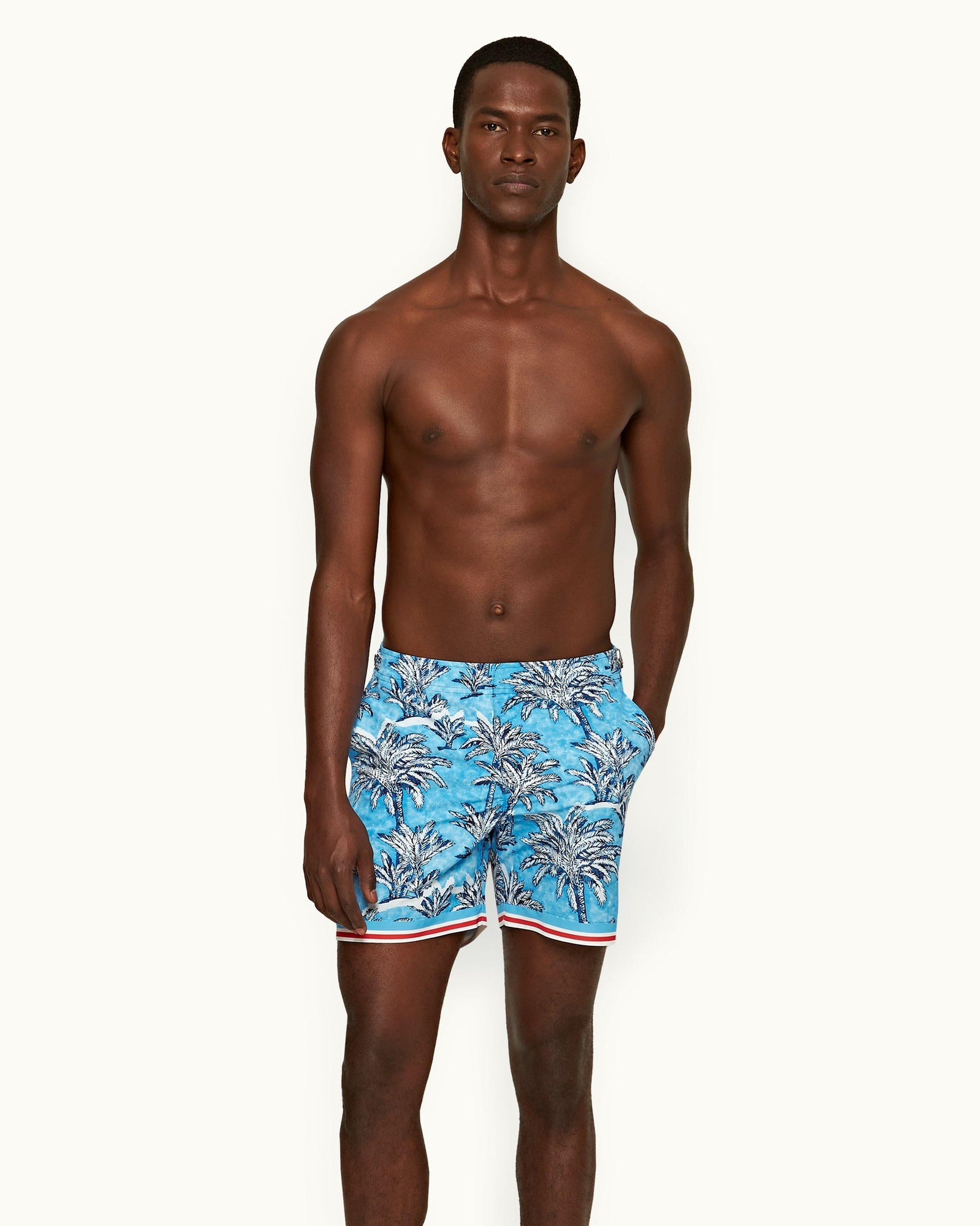 Bulldog Bright Wish Blue Palm Border Mid-Length Swim Shorts | Bright Wish Blue