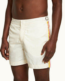 Bulldog White Sand Palm Stripe Tape Mid-Length Swim Shorts | White Sand