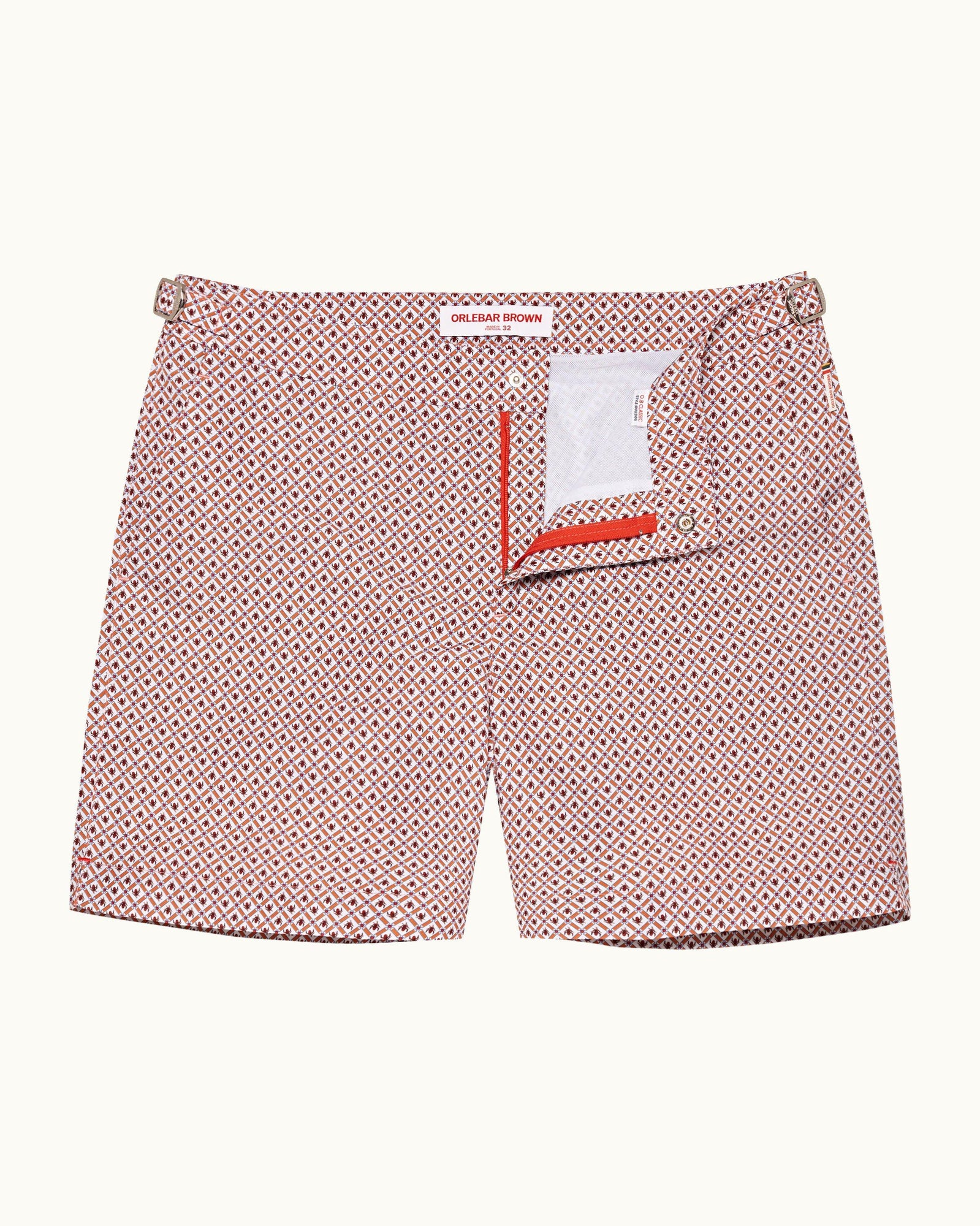 Bulldog Geo Print Mid-Length Swim Shorts Woven In France in Summer Red/White Sand colour | Summer Red/White Sand