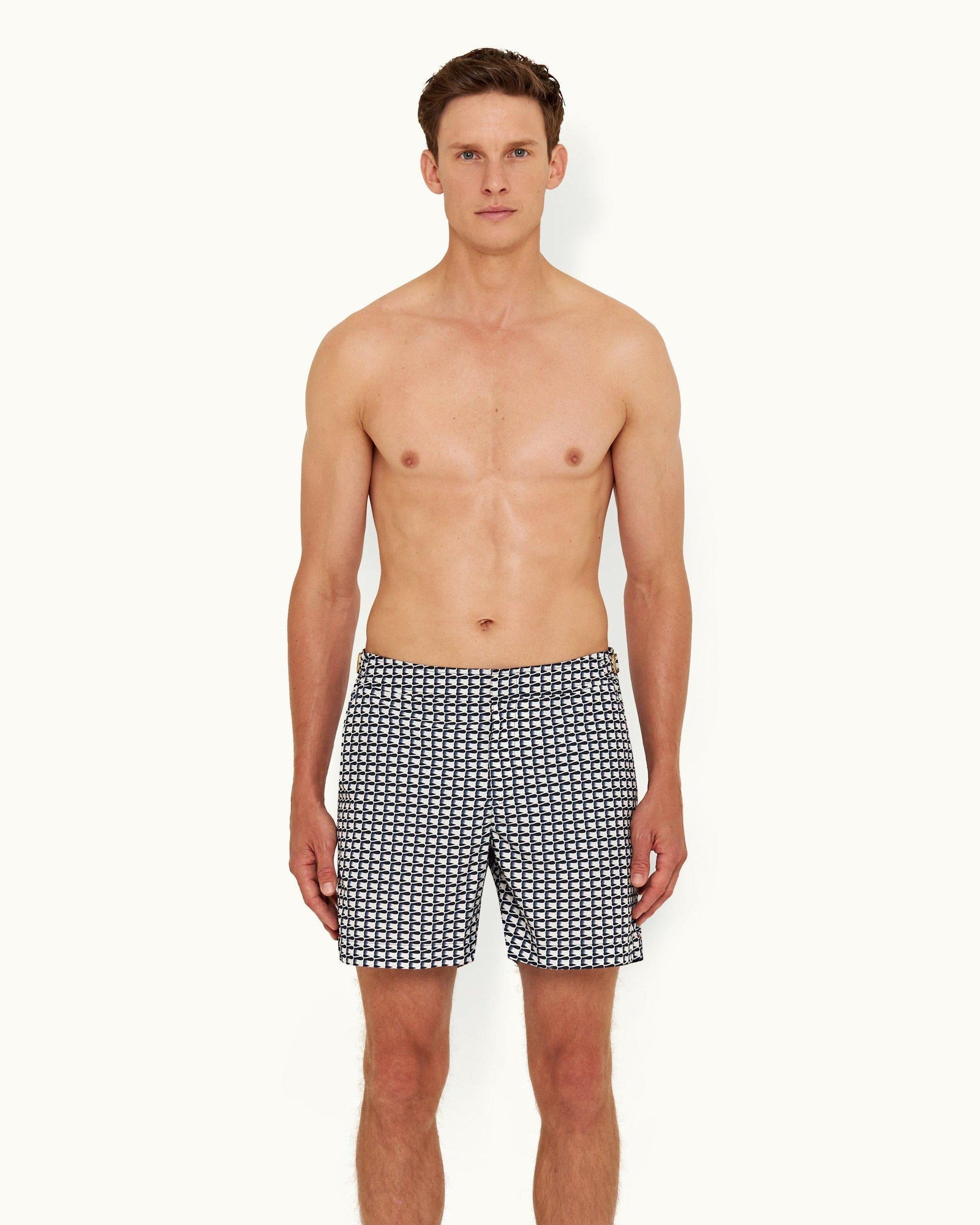 Bulldog White Sand/Night Iris Ribbon Print Mid-Length Swim Shorts | White Sand/Night Iris