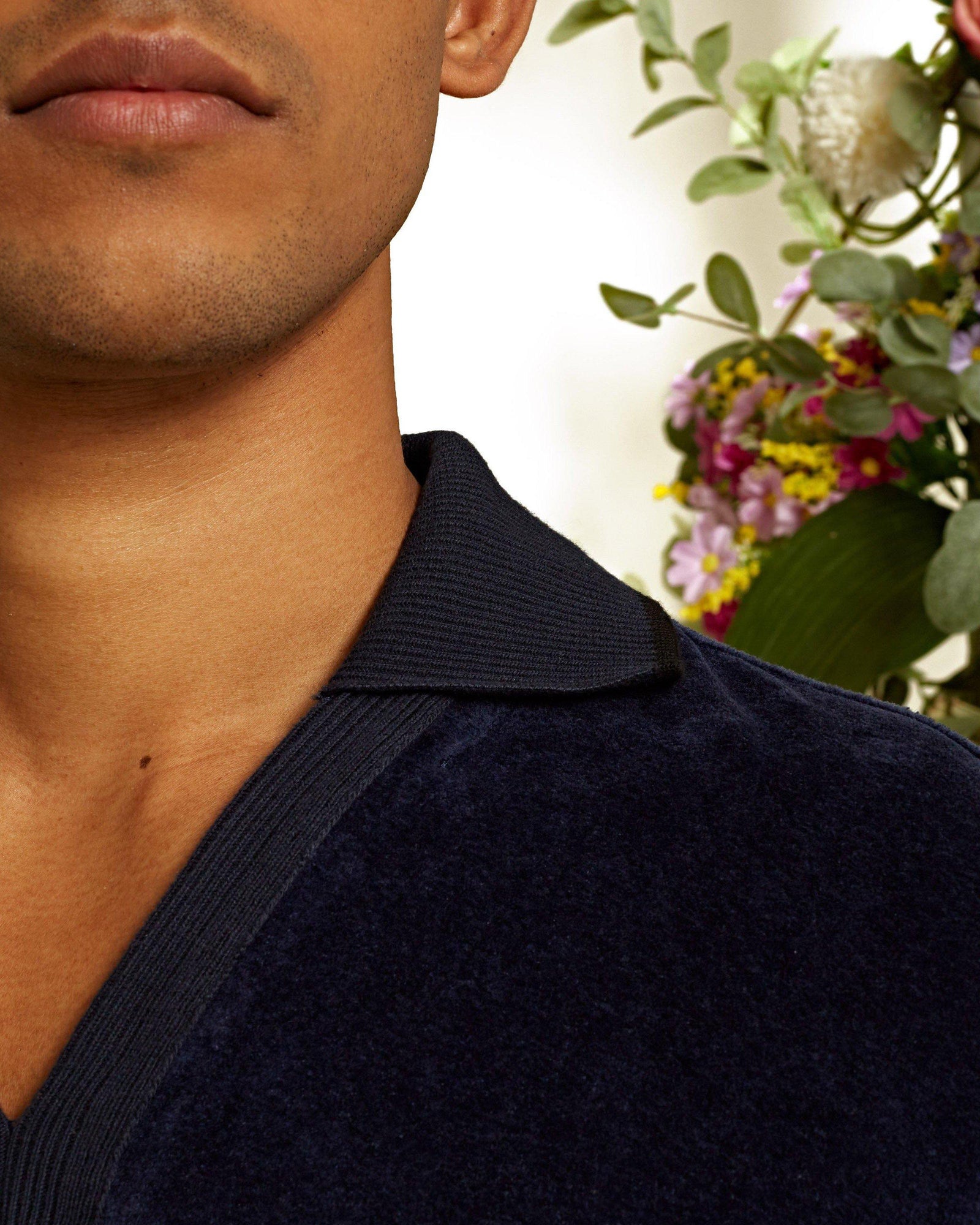 Clive Towelling Navy Cotton Linen Towelling Polo Shirt | Navy