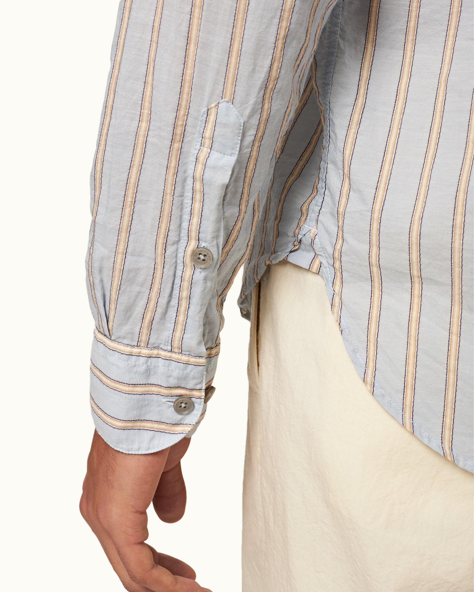 Island Sky/White Grandad Collar Stripe Cotton Shirt | Island Sky/White