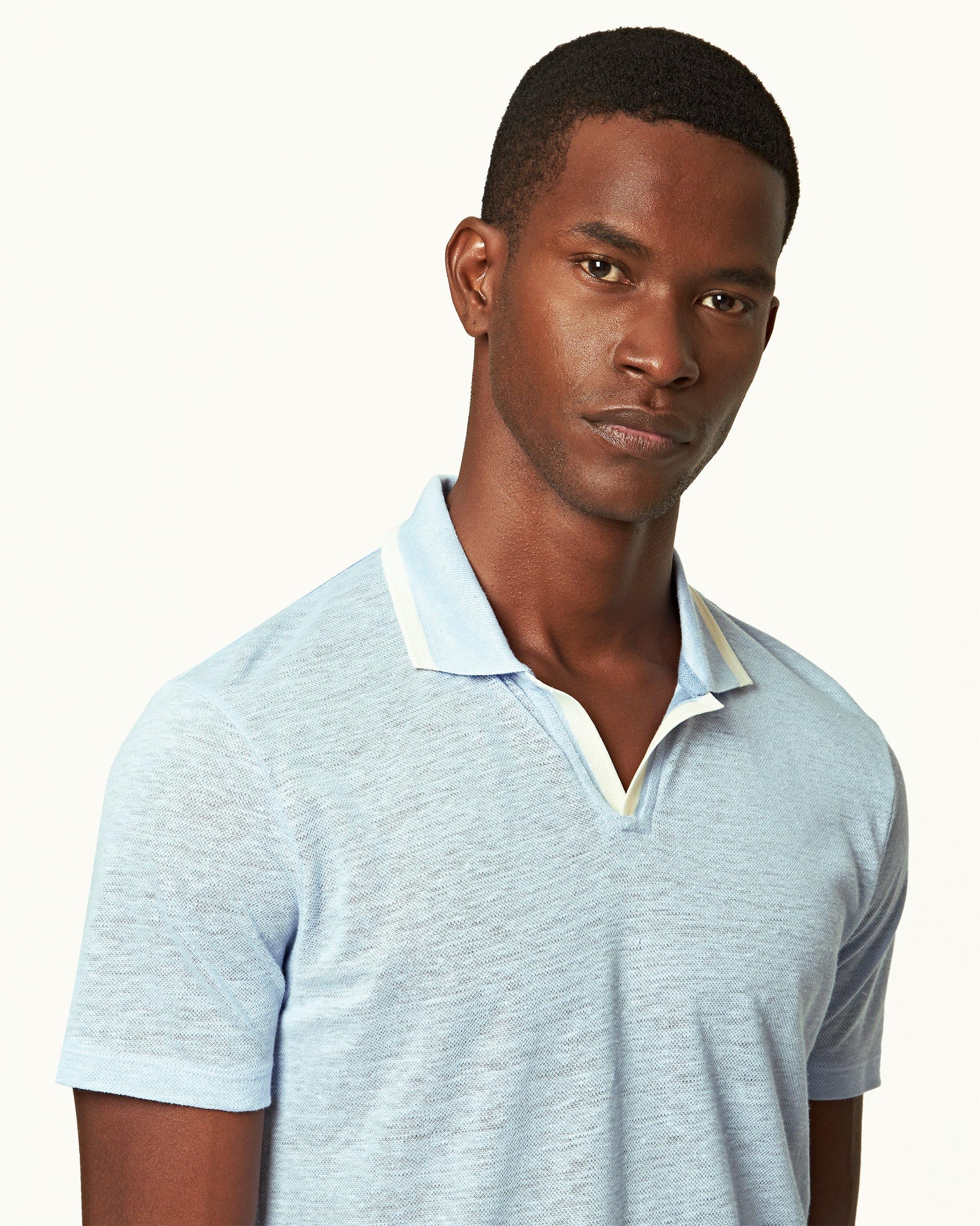Felix Linen Powdered Sky Resort Collar Linen Pique Polo Shirt | Powdered Sky