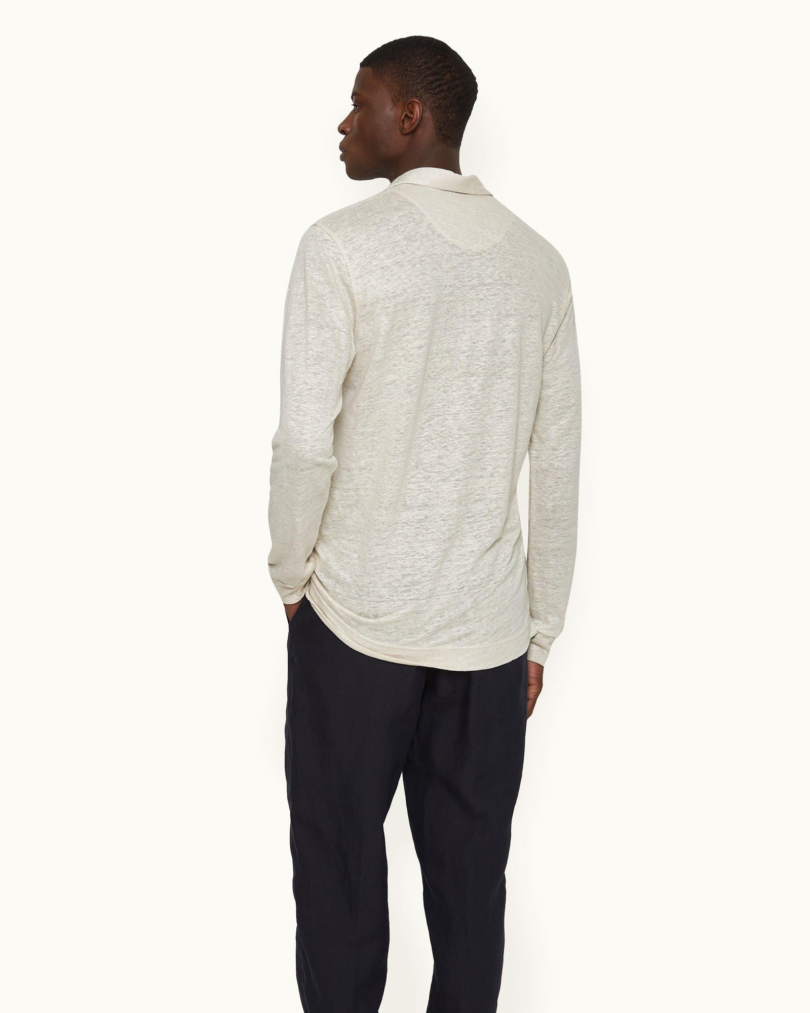 Felix Pebble Tailored Fit Long-Sleeve Slub Linen Polo Shirt | Pebble