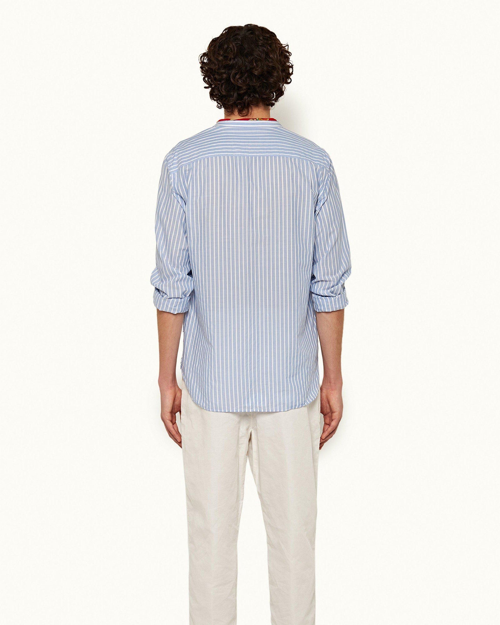 Ice Blue/White Grandad Collar Classic Stripe Shirt | Ice Blue/White