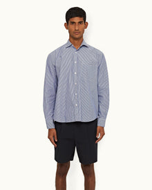 Midnight Navy/White Stripe Relaxed Fit Classic Collar Cotton Shirt | Midnight Navy/White