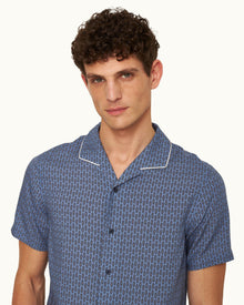Hibbert Perez Print Classic Fit Capri Collar Shirt Woven In Italy in Springfield Blue | Springfield Blue