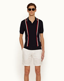 Horton Merino Navy Tailored Fit 2-Colour Stripe Merino Polo Shirt | Navy