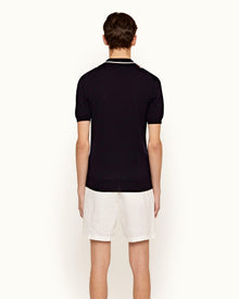 Horton Merino Navy Tailored Fit 2-Colour Stripe Merino Polo Shirt | Navy