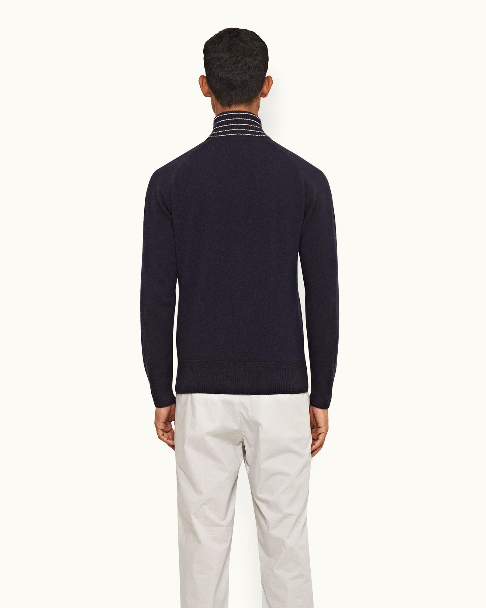 Night Iris/Sea Mist Stripe Rib Collar Cashmere Half-Zip Jumper | Night Iris/Sea Mist