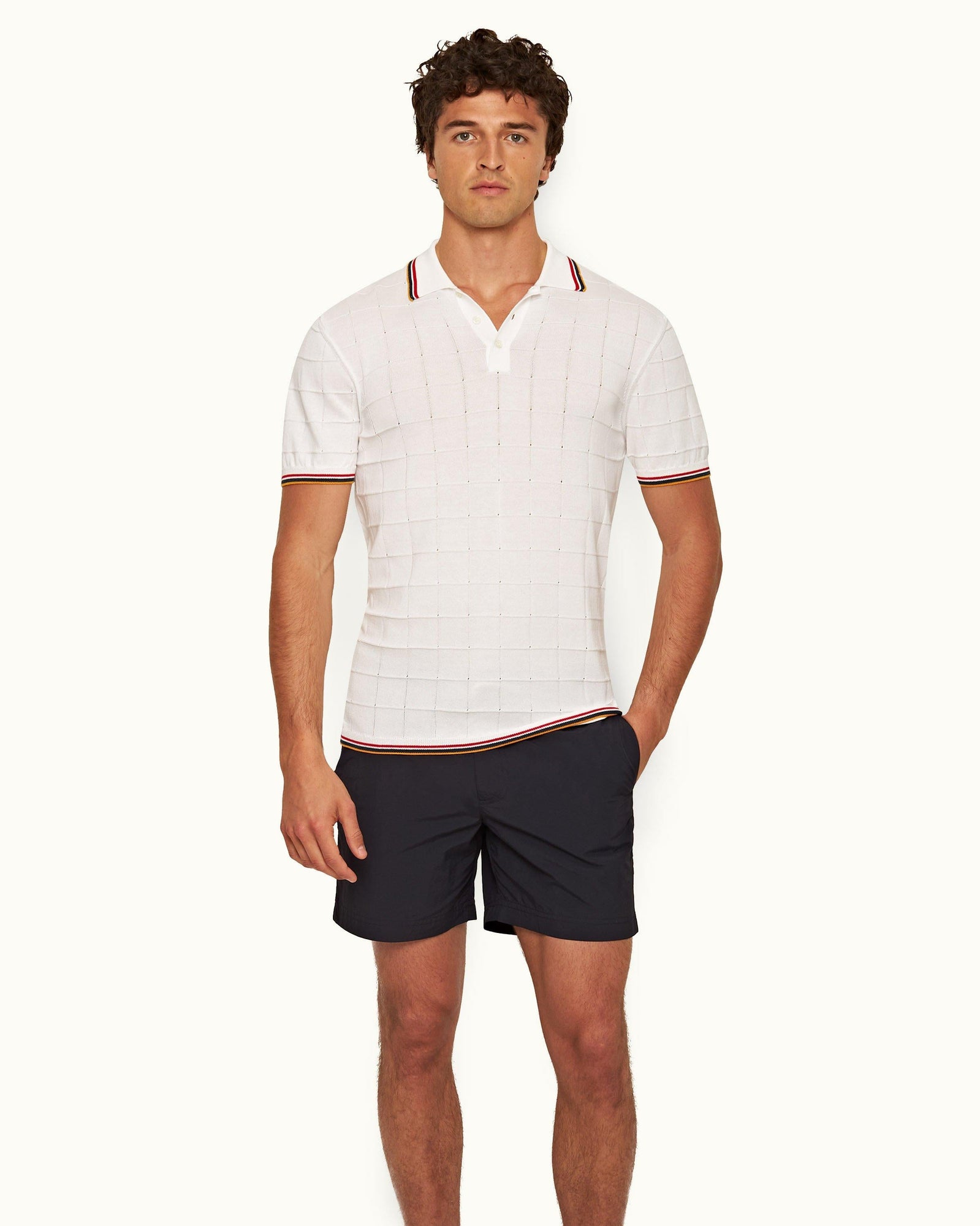 White Tailored Fit Pointelle Grid Stitch Organic Cotton Polo Shirt | White