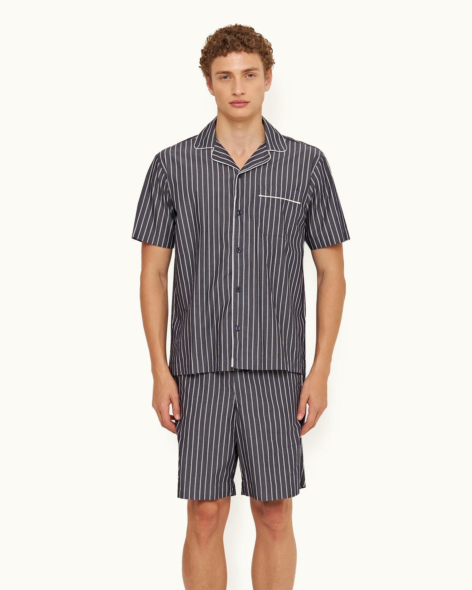 Midnight Navy Pinstripe Relaxed Fit Cotton Lounge Shirt | Midnight Navy