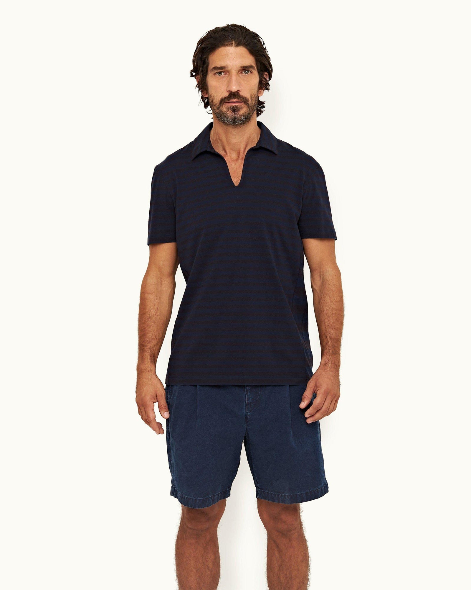 Dark Sapphire Classic Fit Organic Cotton Stripe Knit Polo Shirt | Dark Sapphire