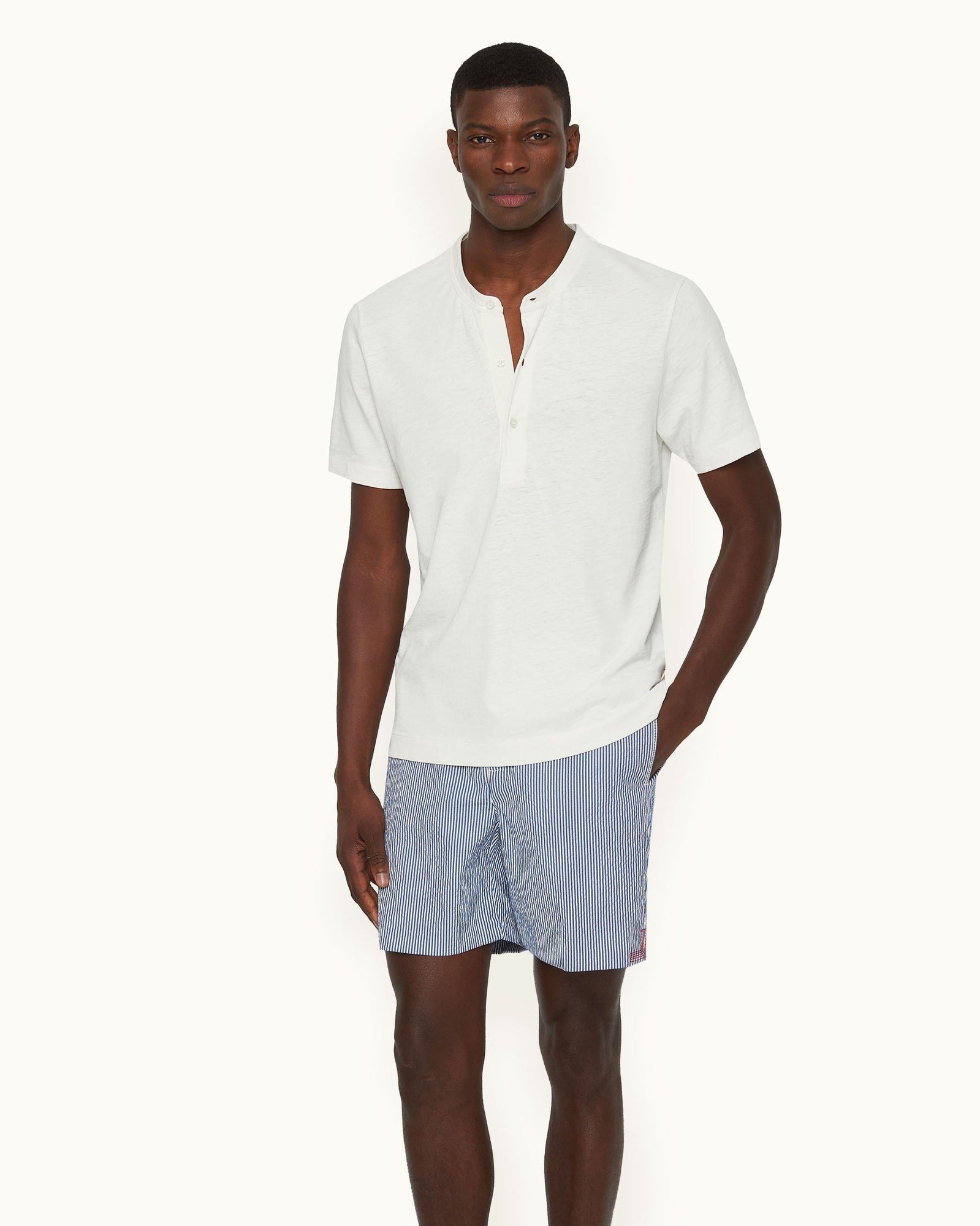 Montrose Classic Fit 3-Button Placket Cotton-Linen T-Shirt in Thasos Beach colour | Thasos Beach