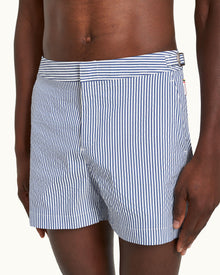 Setter Seersucker Shorter-Length Swim Shorts Woven In Italy in Blueberry/White Stripe | Blueberry/White Stripe