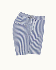 Setter Seersucker Shorter-Length Swim Shorts Woven In Italy in Blueberry/White Stripe | Blueberry/White Stripe